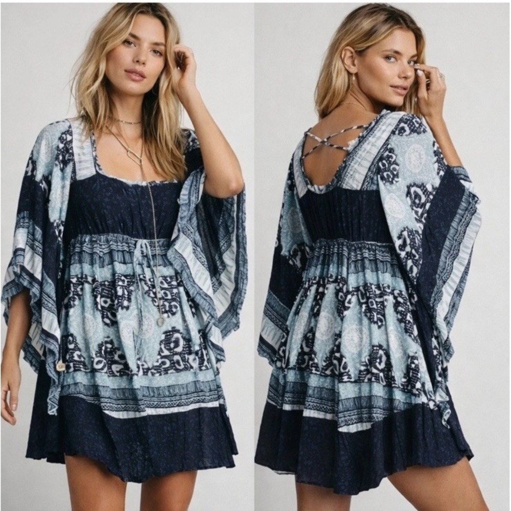 Free People Heart of Gold Babydoll Empire Waist Mini Dress M Boho Fairy Gypsy
